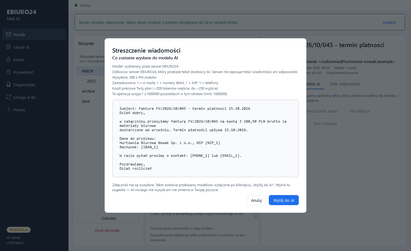 Okno podglądu przed wysłaniem do AI: widoczny dokładny tekst wiadomości z zamaskowanymi danymi, takimi jak NIP, numer IBAN, telefon i adres e-mail.