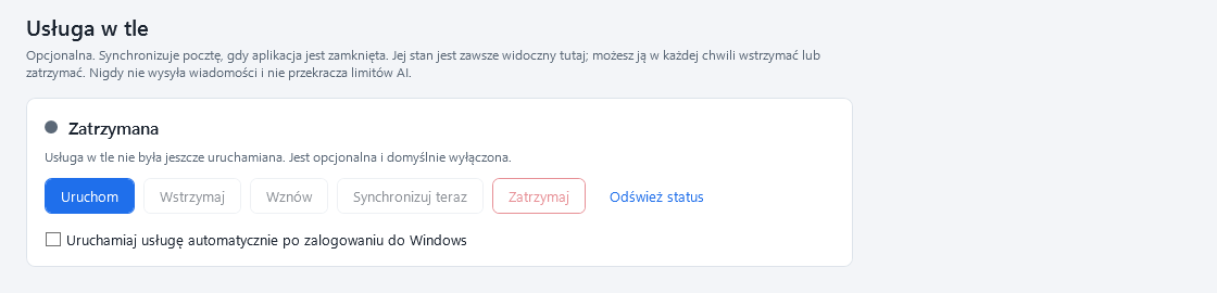 Widok usługi w tle: status zatrzymana oraz przyciski Uruchom, Wstrzymaj, Wznów, Synchronizuj teraz i Zatrzymaj, a także przełącznik autostartu.